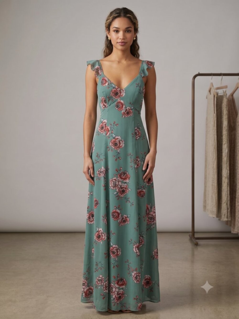 Japna - Teal Green Floral Ruffle-Strap Boho Maxi Dress - Size: S